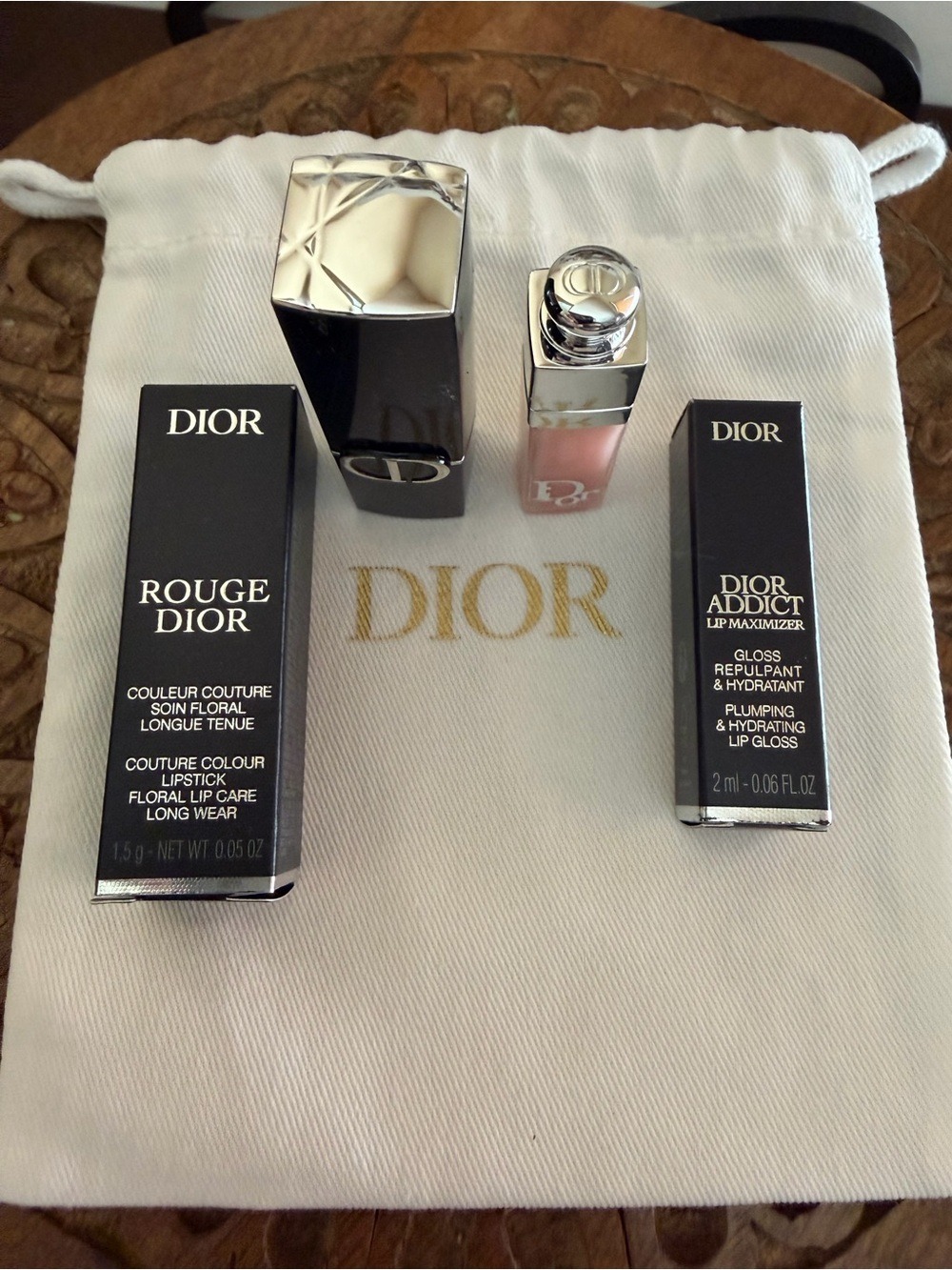 DIOR Rouge Lipstick 999 Satin, Lip Maximizer and Drawstring Bag - Picture 2 of 3